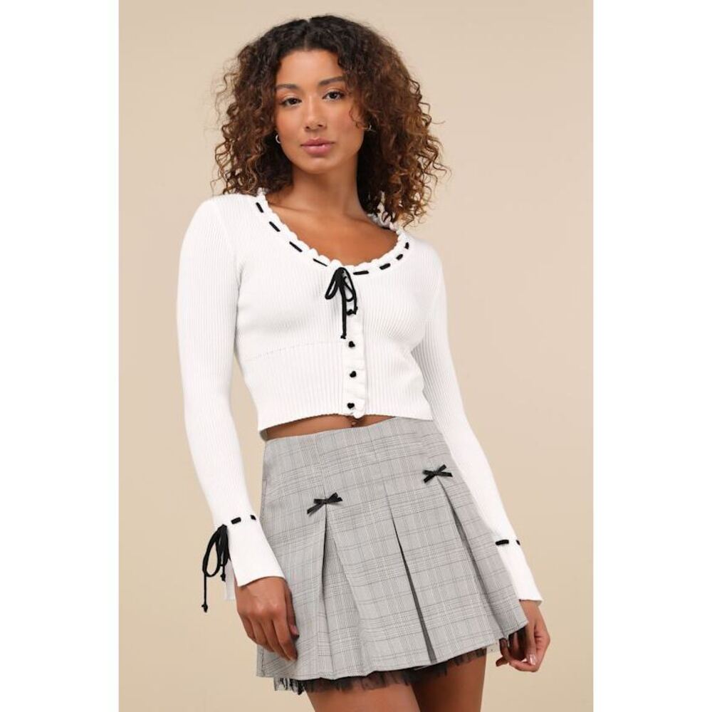 Lulus Adorable Scholar Grey Plaid Mesh Ruffled Bow Mini Skirt - Size XL